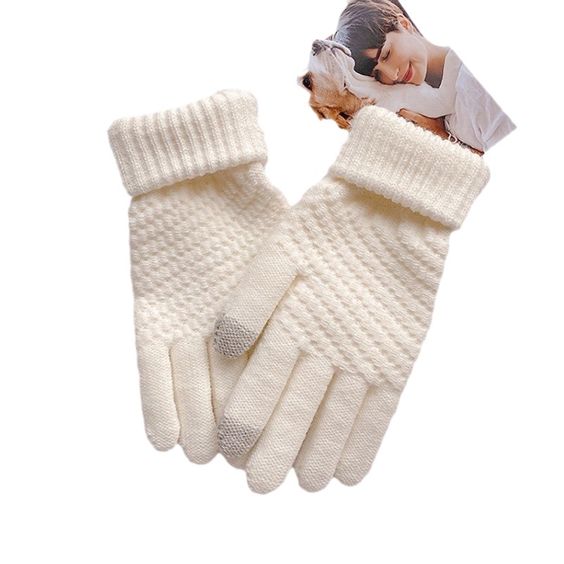 Cross-Border Winter Gloves for Women, Foreign Trade, Fleece-Lined, Thickened, Touchscreen-Compatible, Plush Knit, Warm, Pineapple Pattern, Double Ribbed Cuff, Heat-Retaining
