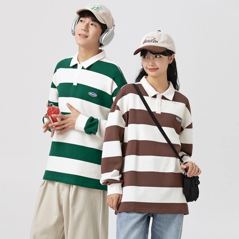 2024 Japanese Polo Shirt Lapel Heavy Hoodie Men's and Women's Ins Loose Retro Hong Kong Style Trendy Brand Striped Long-sleeved T-shirt