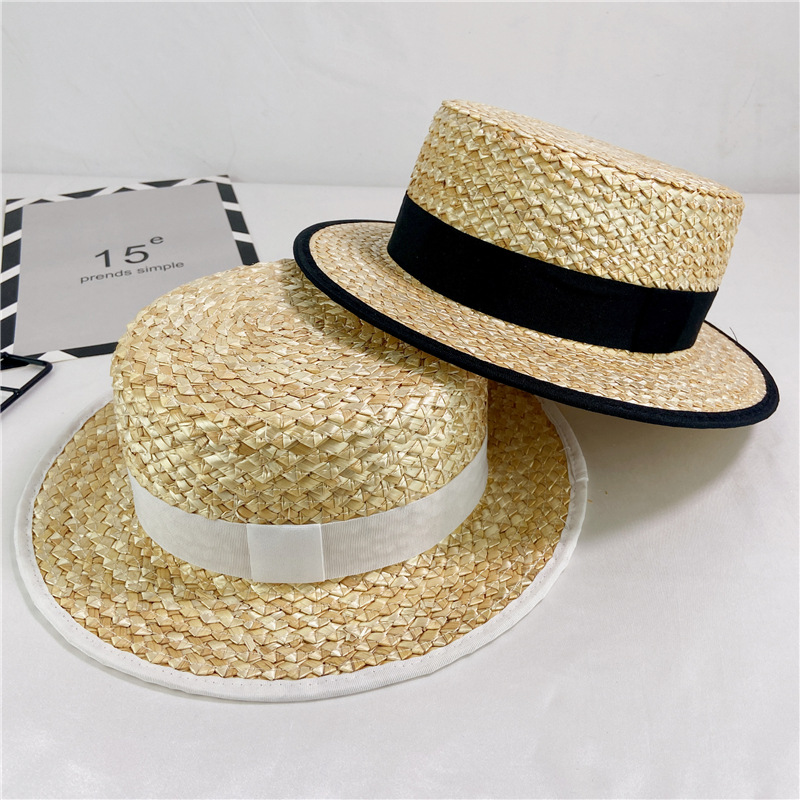 French Flat Top Straw Hat Elegant British Wheat Straw Beach Summer Hat display picture 1