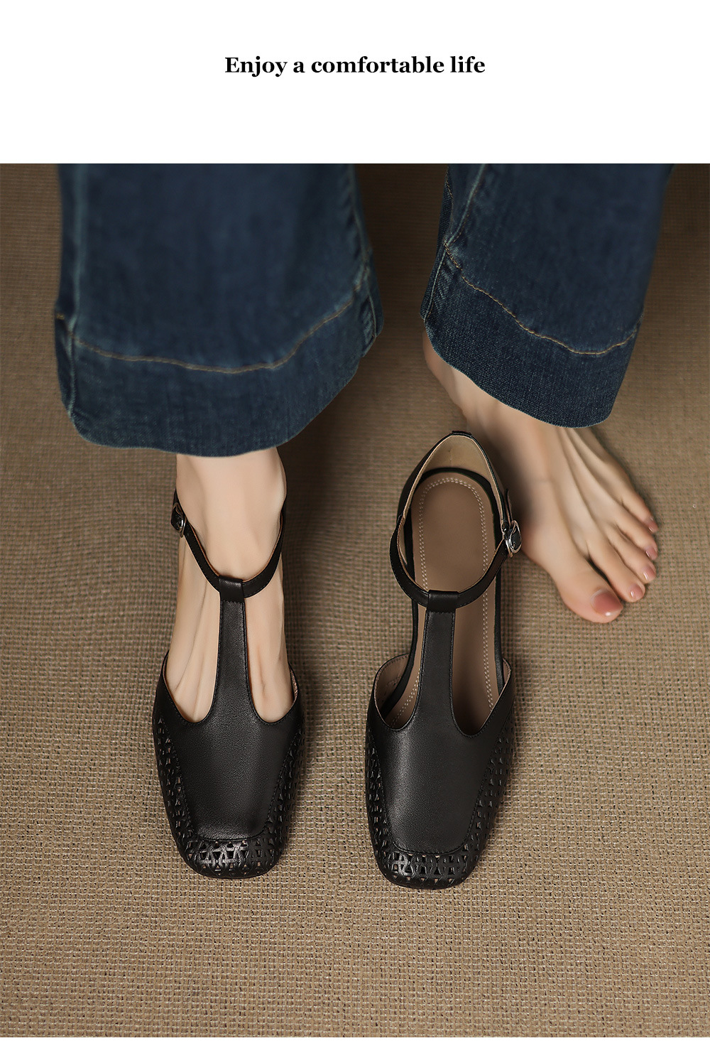 Sandal quai chữ T bít mũi da bò lớp đầu gót thô 4cm đục lỗ thoáng khí — Màu đen chi tiết 6