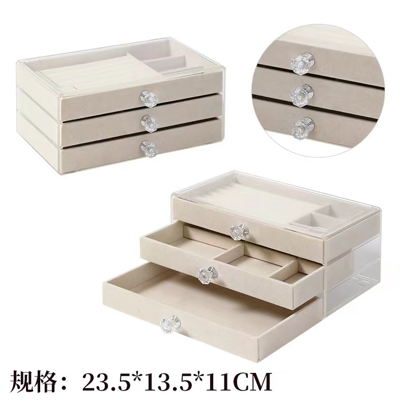 Joyero de acrílico con almacenamiento de tres niveles tipo cajón para anillos, accesorios para el cabello, pulseras y caja de terciopelo para guardar joyas.