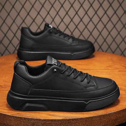 Men's all-season slip-on black leather shoes, versatile casual sports shoes, thick sole, height increasing, waterproof men's board shoes