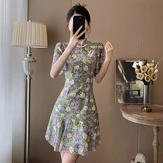 夏季碎花气质收腰复古国风小个子时尚修身设计感女装显瘦连衣裙女