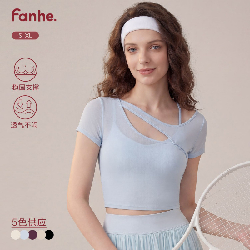 Nuevo bra de yoga irregular de hombro inclinado hueco chaleco deportivo para correr acondicionamiento físico sensación fría malla transpirable mangas cortas mujeres