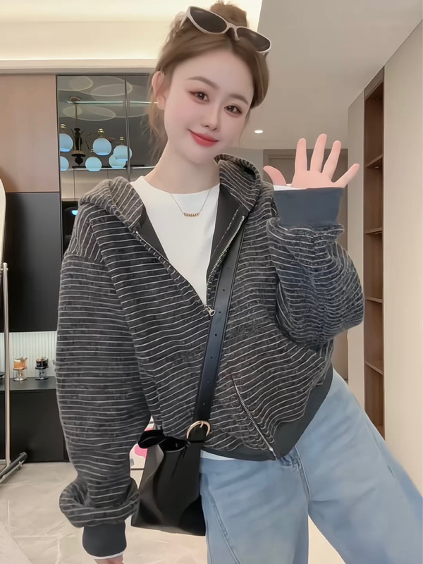 慵懒连帽卫衣女春秋新款韩系拉链条纹开衫百搭显瘦休闲减龄短外套|undefined