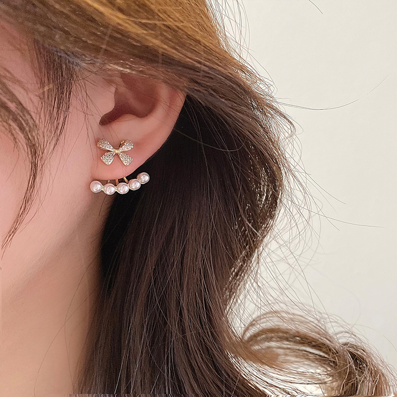 Fashion Heart Shape Bow Knot Copper Inlay Artificial Pearls Zircon Earrings 1 Pair