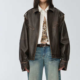 真皮皮衣5230擦色植鞣羊皮袖子可拆卸阔版复古机车翻领夹克外套女