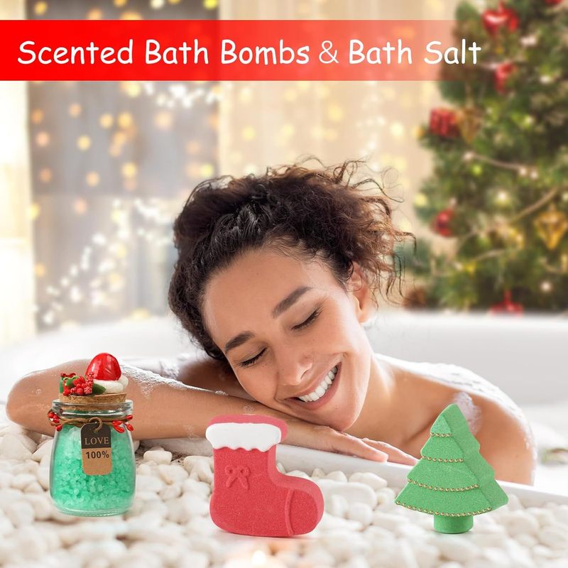 跨境圣诞伴手礼 80g圣诞树浴盐球bath bombs滋润气泡弹精油球|undefined