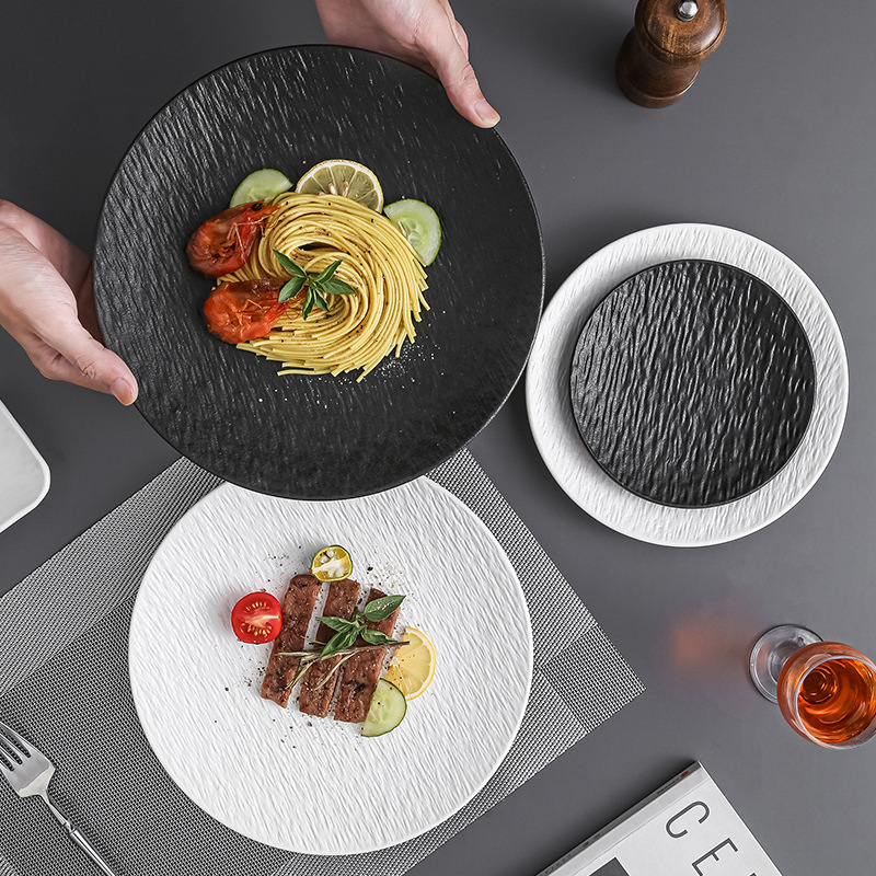 Black and White Plates, Chaozhou Tableware, Flat Plates, Round Plates, New Style Light Luxury Ceramic Plates, High-End Matte Steak Plates