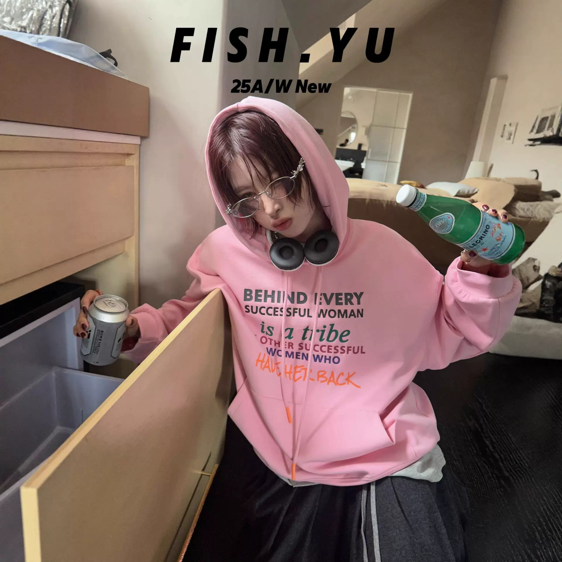 FISHYU 十三行早秋新款韩系糖果色印花插兜设计连帽宽松卫衣25596