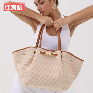 Fashionable handheld capacious universal purse, woven straw shoulder bag