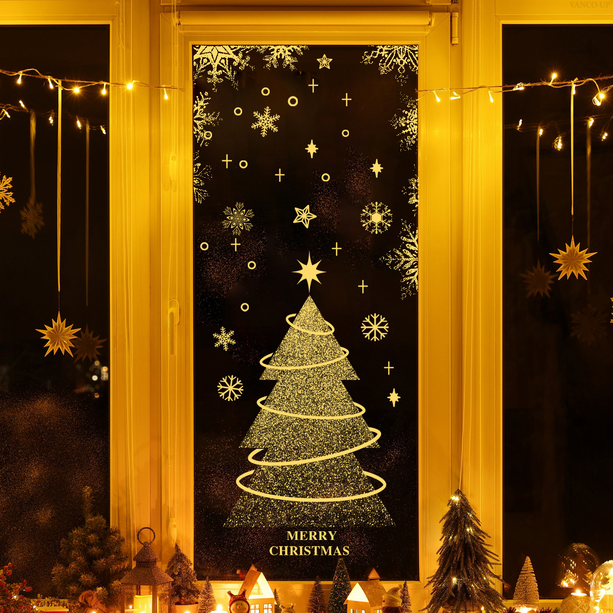 Christmas Window Wall Stickers With Golden Tree And Snowflakes_voghion.com