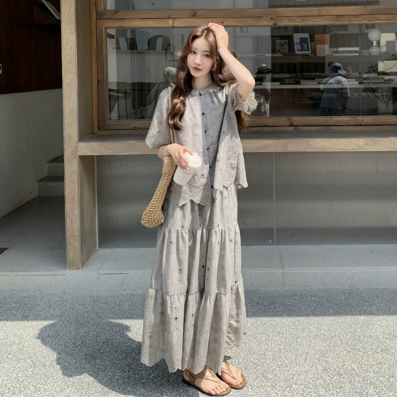 Серый элегантный изысканный костюм-юбка для женщин лето 2025 новый французский дизайн топ с коротким рукавом и юбка комплект из двух предметов