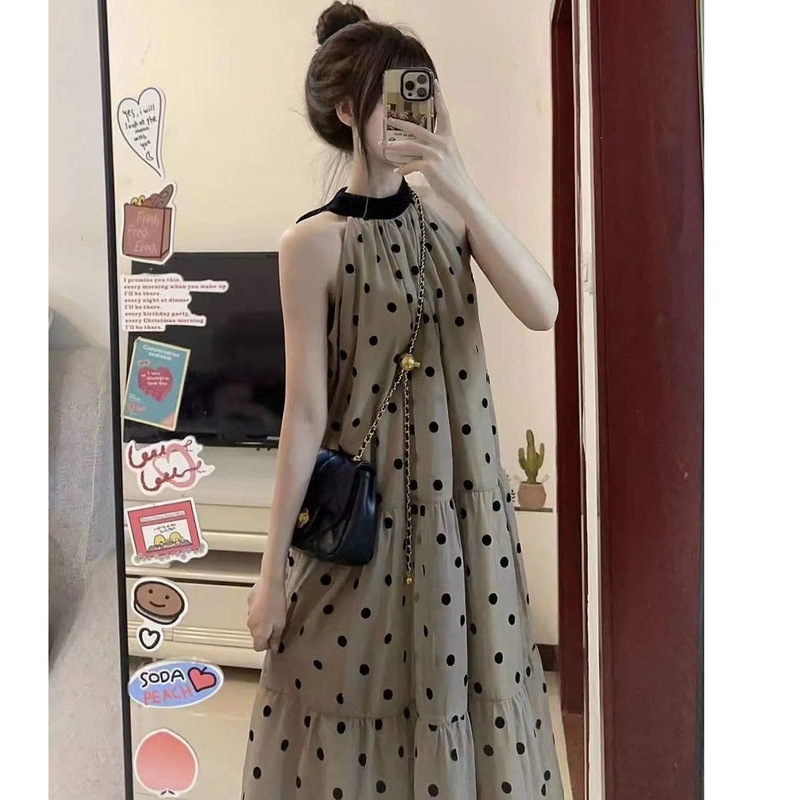 French Style Hanging Neck Wave Dot dress Children's Summer New Seaside Vacation Sleeveless Elegant Long Dress for Small Men