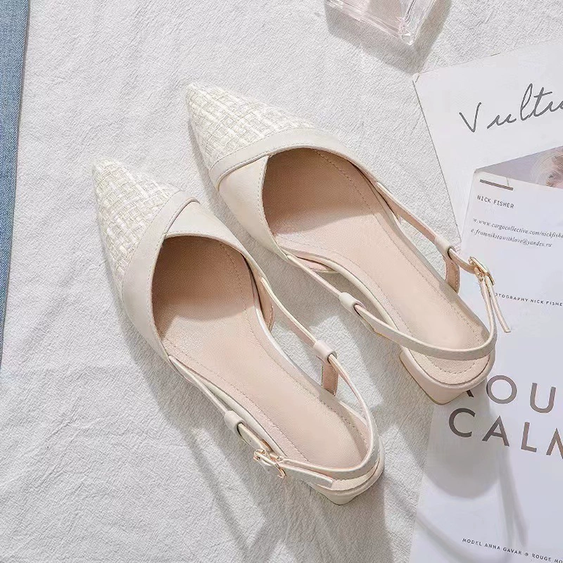 Твидовый стиль Baotou, женские универсальные сандалии на толстом каблуке на плоской подошве с острым носком, весна 2021, новые универсальные сандалии на высоком каблуке с открытой спиной