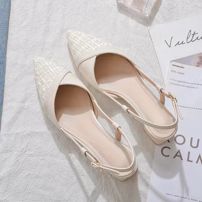 Tweed Style Baotou Thick Heel Flats Women's Pointed Toe 2025 Spring New Back Hollow High Heels Fairy Versatile Sandals