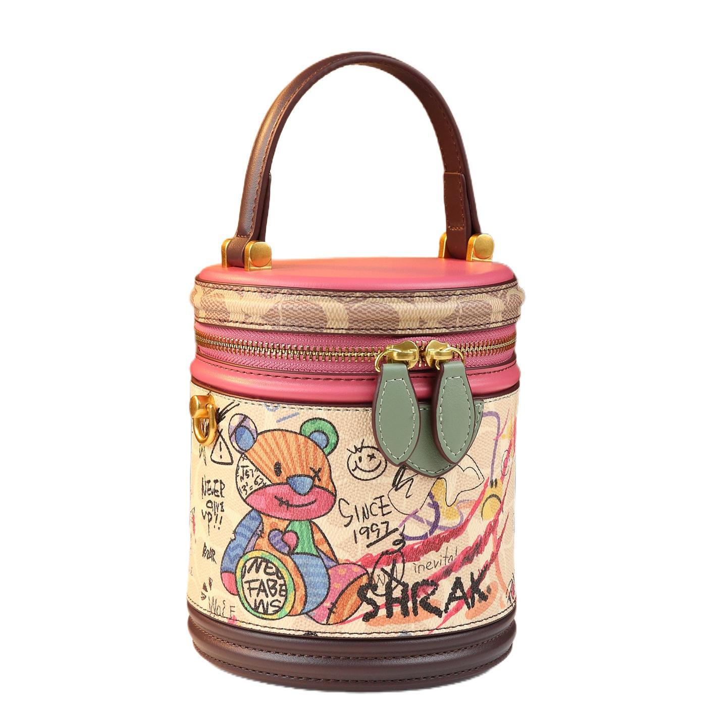 Túi bucket nữ hình trụ họa tiết gấu vẽ tay, đeo chéo kiểu mới — màu trắng ngà, Cà phê Brown, màu sắc