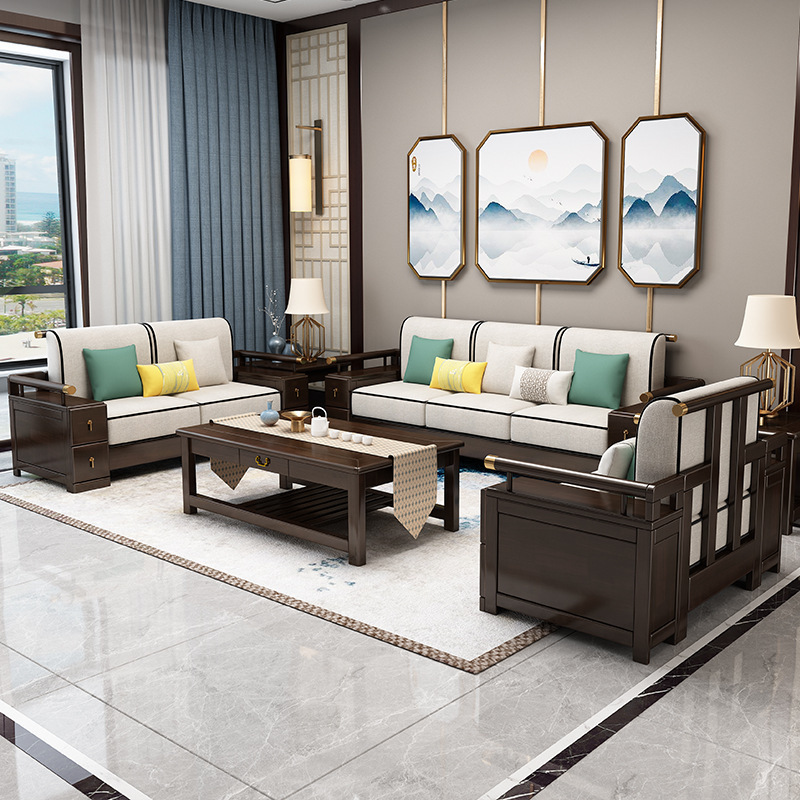 New Chinese-style solid wood sofa set for small apartments, modern light-luxury villa furniture&mdash;featuring a chaise lounge and corner design.