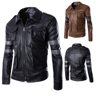 Foreign Trade 2023 Autumn Men's Lapel Motorcycle PU Leather Men's Jacket Trendy Workwear Multi-Pocket Short Leather Jacket