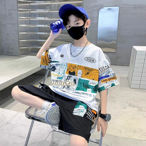 Children's Summer Outfit for Boys - Oversized Han Style Stylish Casual Loose Letter Fashion Two-Piece Set