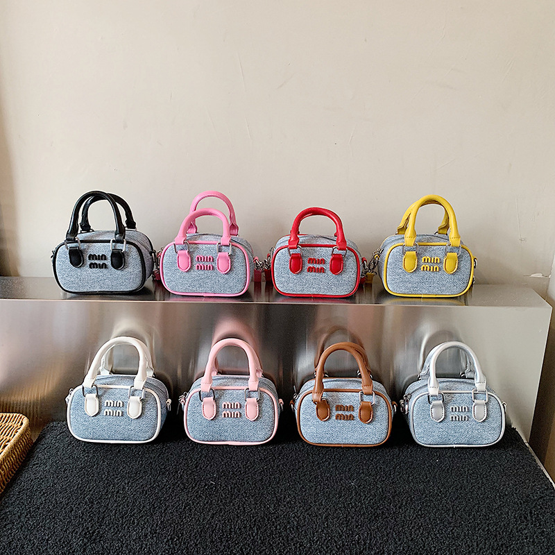 Denim Bowling Handbag for Women, New Letter Design, Niche, Simple, Versatile, Commuter Shoulder Bag, Mini Crossbody Children's Bag