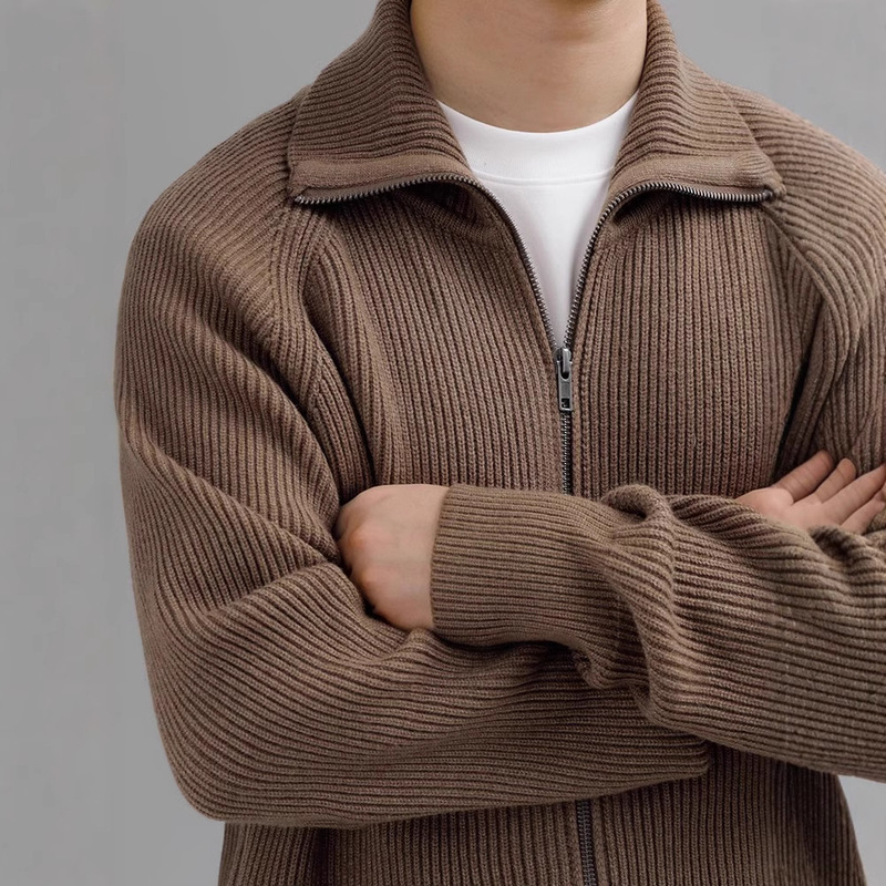 Light Mature Heavy Double Zipper Sweater Cardigan Men's Autumn and Winter Lapel Knitted Cardigan Anti-Pilling Casual Warm Jacket