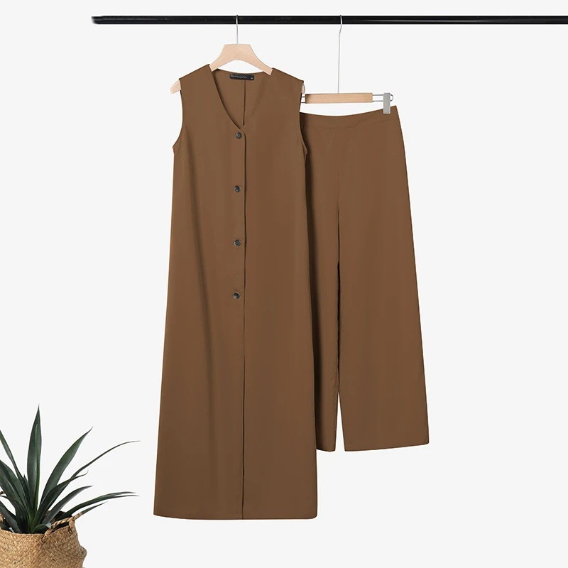 Women's Fashion Street Style Two Piece Set Sleeveless Long Top Wide Leg Pants Solid Color Summer_ecoleips.com