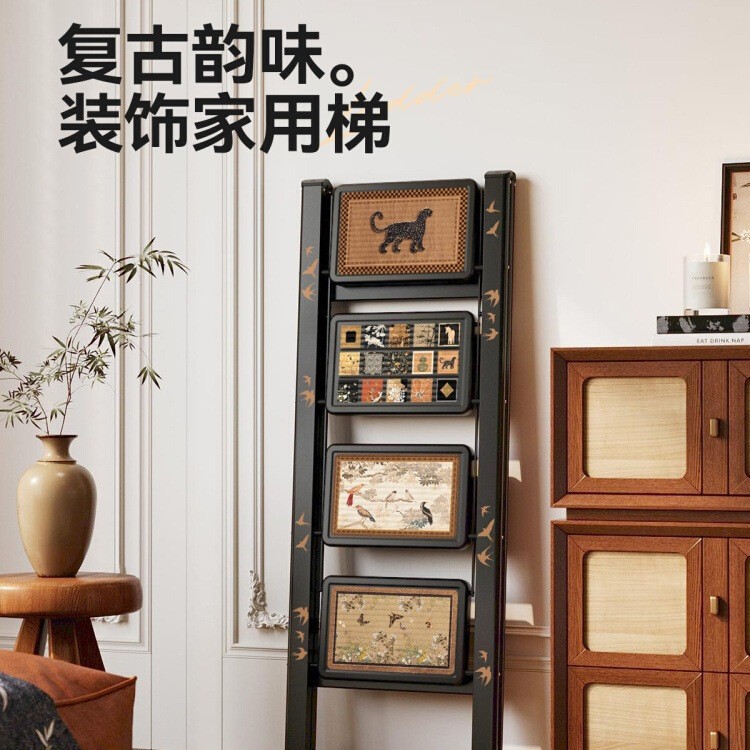 美世达中古风梯子家用折叠伸缩复古小梯子梯凳便携人字梯室内军霞