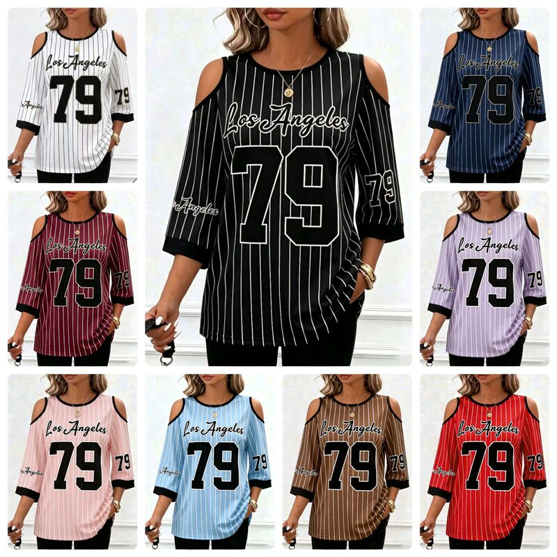 European and American Style Off-Shoulder Striped Top Los Angeles79 Digital Print Loose-Fitting Three-Quarter Sleeve Cross-Border European and American Style Off-Shoulder Striped Top Los Angeles79 Digital Print Loose-Fitting Three-Quarter Sleeve Cross-Border