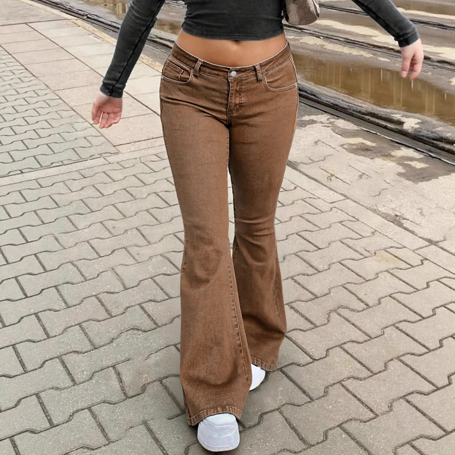 Women's Clothing Brown Flared Denim Jeans For Women, Autumn Slim Fit, Low Waist, Retro Casual Trousers_mkmklike.com