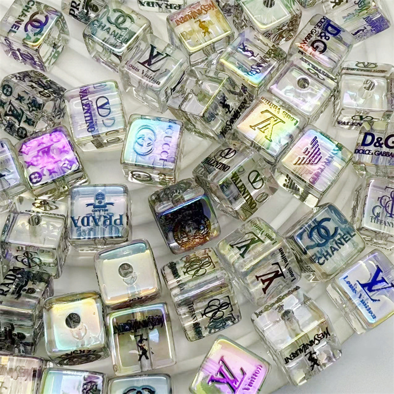16mm acrílico transparente impresión de cuentas cuadradas de gran nombre agujero recto diy con cuentas cadena de teléfono móvil accesorios de llavero cuentas sueltas