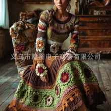 2026跨境新款粗针长袖大摆连衣裙复古民族风