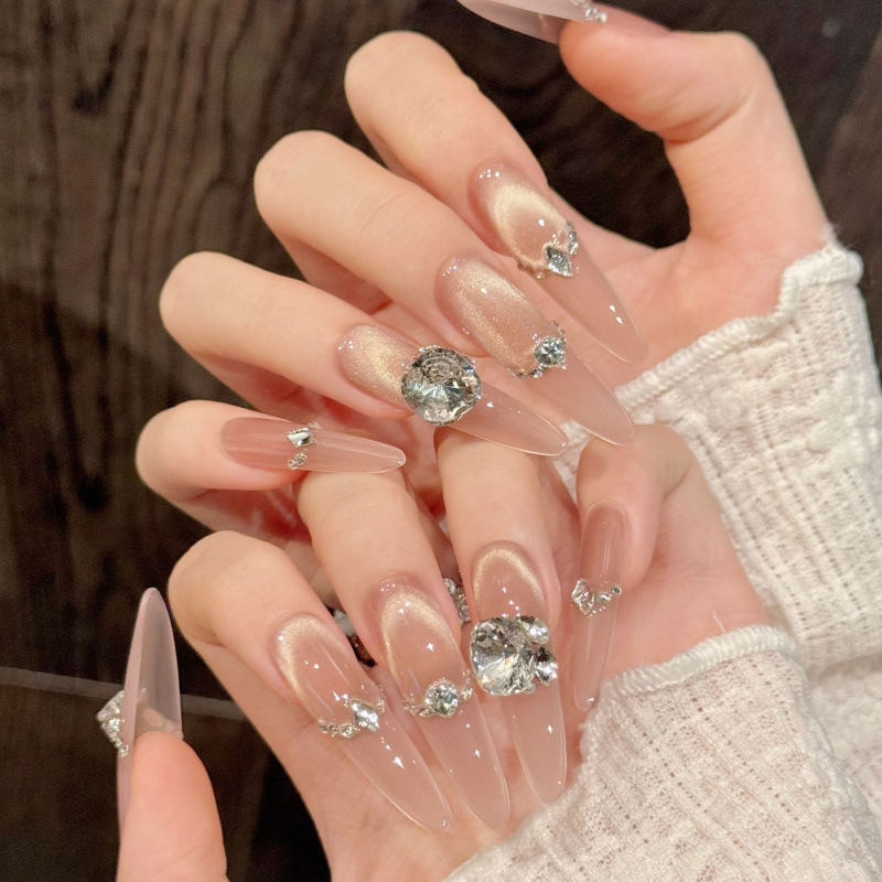 [Iced Tea Champagne] Sparkling French Smile Cat Eye 9-Layer Diamond Light Luxury Long Nail Art Stickers Handmade Wearable Nails