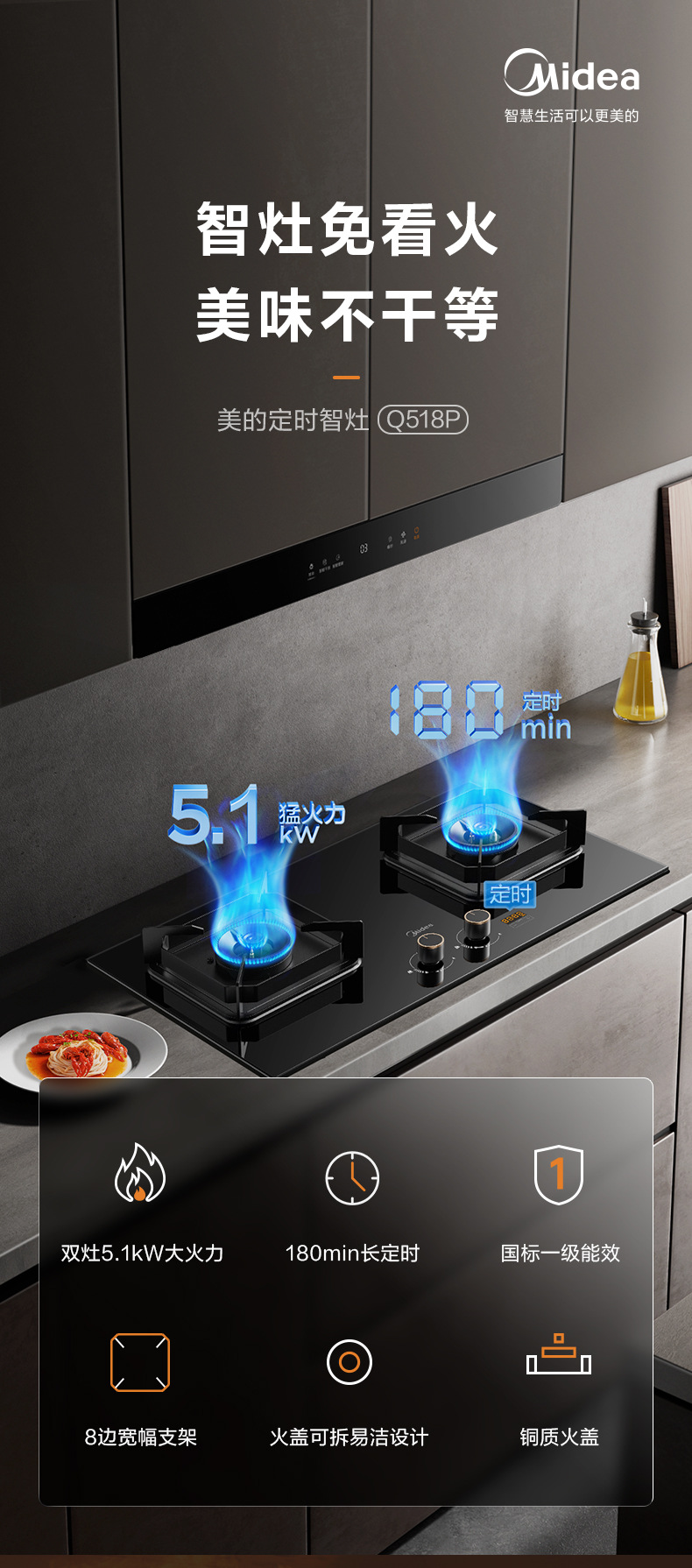 Midea 임베디드 가스 스토브 강화 유리 이중 등급 에너지 효율 액화 가스 JZY-Q518P-M