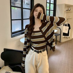 純欲風兩件套女條紋針織開衫外套2024年春秋內搭吊帶小背心套裝女