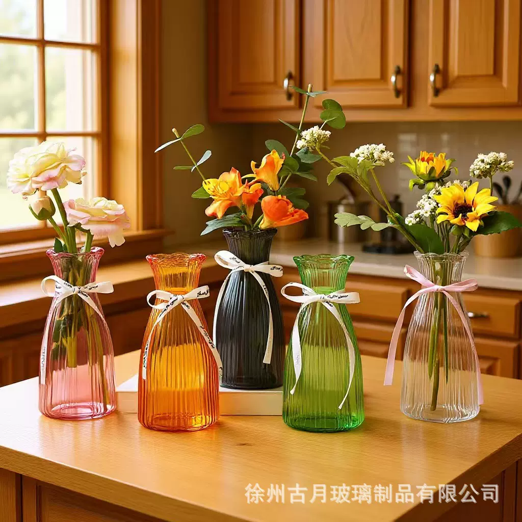 北欧风玻璃花瓶带丝带桌面装饰玻璃花瓶轻奢高级感水培水养插花瓶