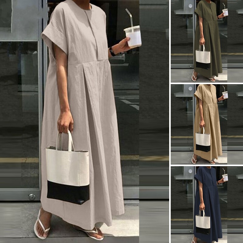 New plus size loose cotton and linen dress round neck dress elegant preppy style Mori women's bottoming shirt casual skirt
