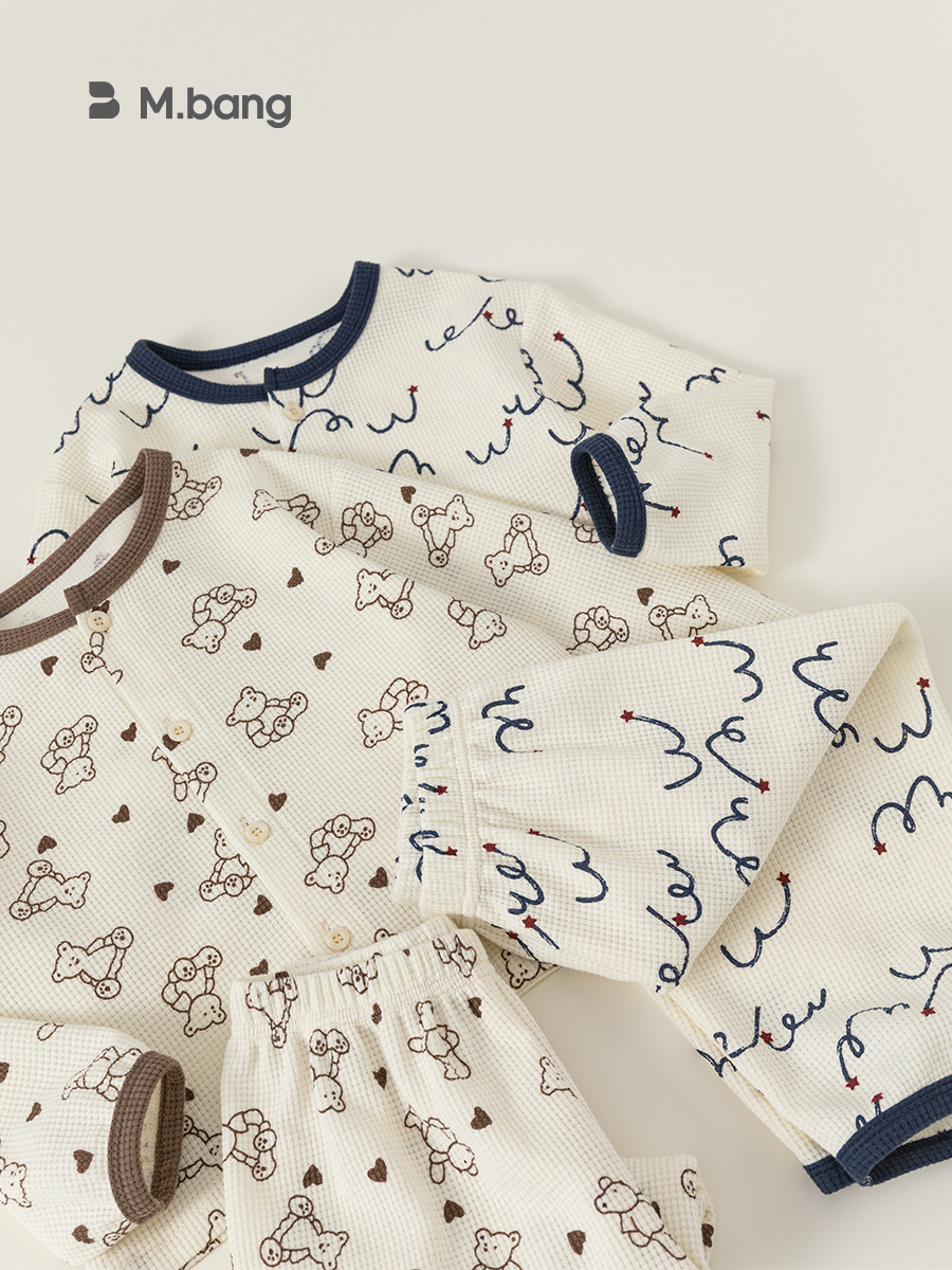 Babycity niños pijamas traje niños y niñas waffle cuello redondo cardigan ropa para el hogar conjunto de dos piezas CT24028