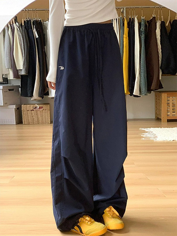 藏青色工装裤女春夏季2025新款宽松直筒休闲速干小个子刺绣阔腿裤|undefined