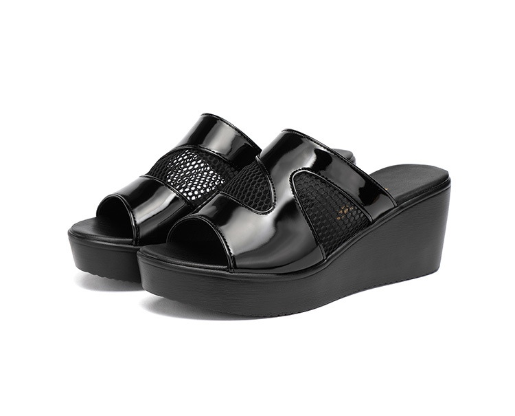Dép sandal nữ đế xuồng platform dày, gót trung bình, mũi hở, quai chữ V, chất liệu da bóng lưới rỗng — Màu đen, Màu trắng, Màu đỏ chi tiết 15