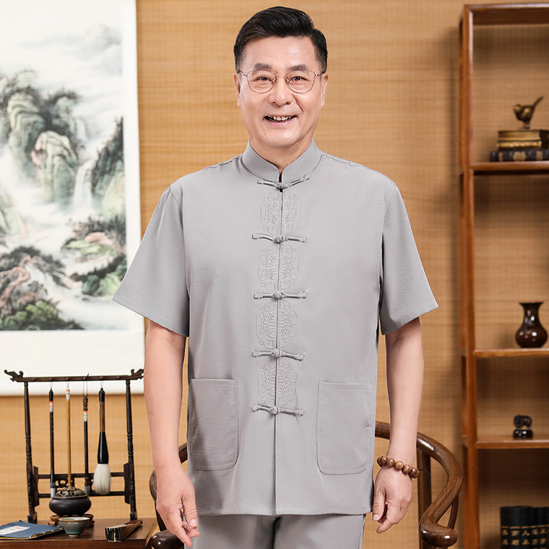 中老年男士唐装套装夏季透气立领盘扣刺绣两件套装日常休闲太极服