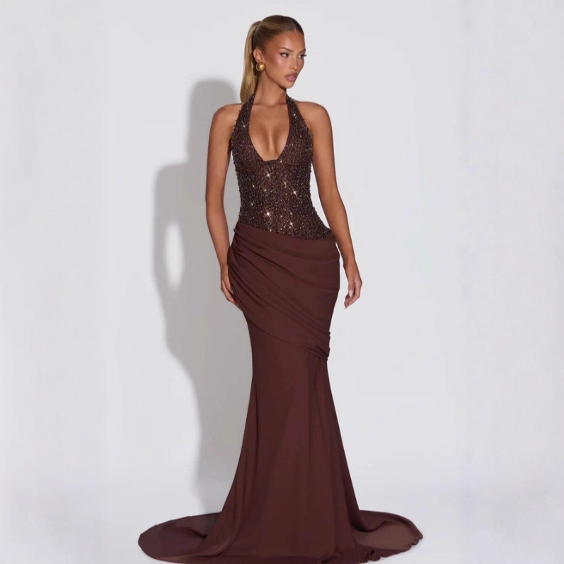 Sdm208 Elegant Splicing Shiny Halterneck Long Evening Dress Sexy Long Skirt Foreign Trade First-Hand Supply Wholesale