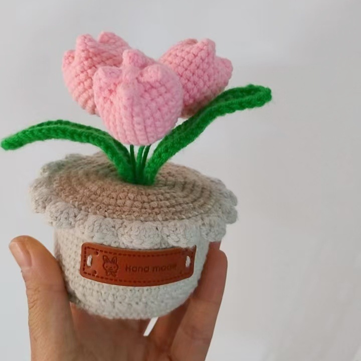 Hockey artesanal puro tulipán adornos imitación de flores regalos de lana de punto ramo de flores de imitación de maceta de tejido
