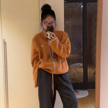 现货2024冬季新款韩国东大门气质撞色立领系带拉链摇颗粒绒外套女