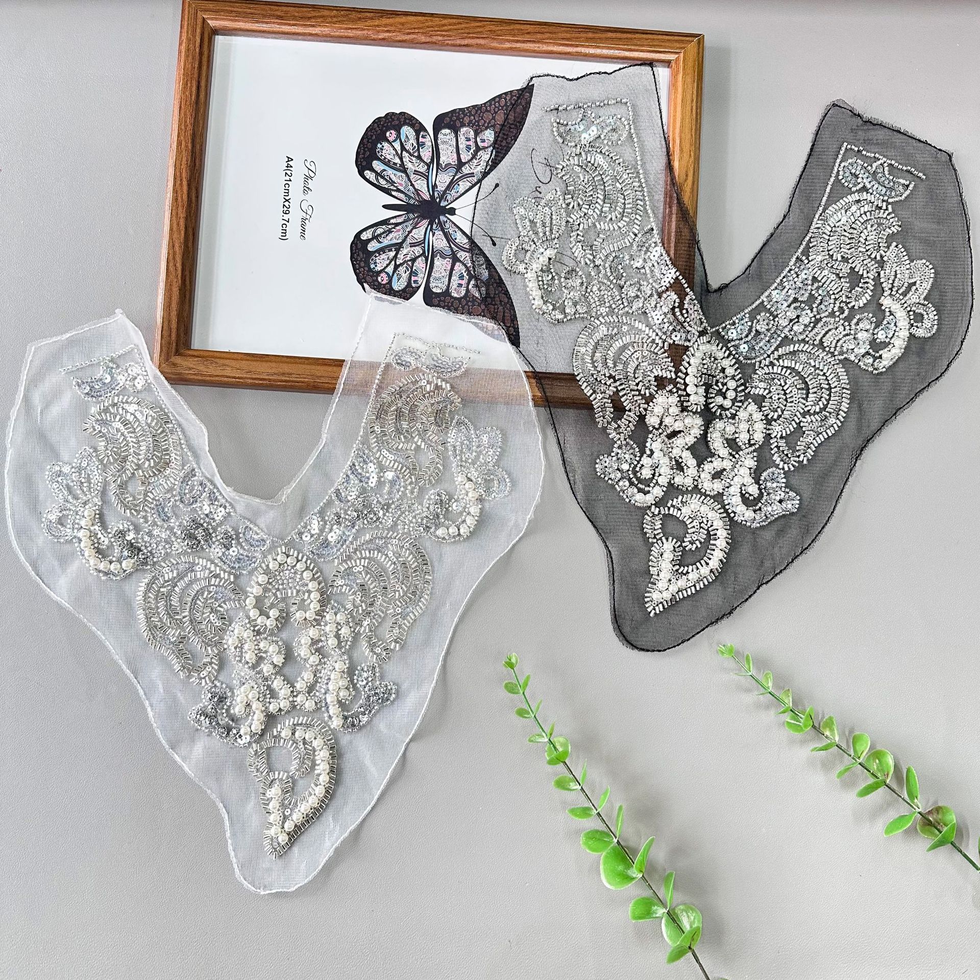 Blanco y negro bordado sequinilla tela de encaje pegatinas de ropa accesorios parche camiseta de base vestido de boda collar frontal aditivos accesorios