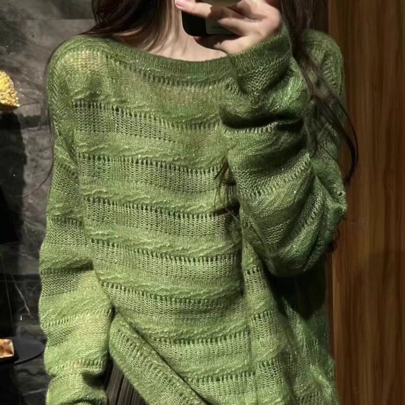 Autumn and Winter Are Great for Popular Korean Style Outfits. Relaxed Green Loose Knitted Tops, Lazy Style High-End Sweaters