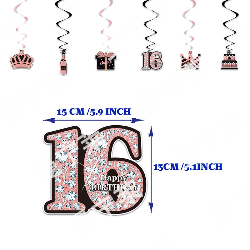 sweet黑玫瑰金16岁生日派对装饰拉旗气球背景布蛋糕插排派对用品|undefined
