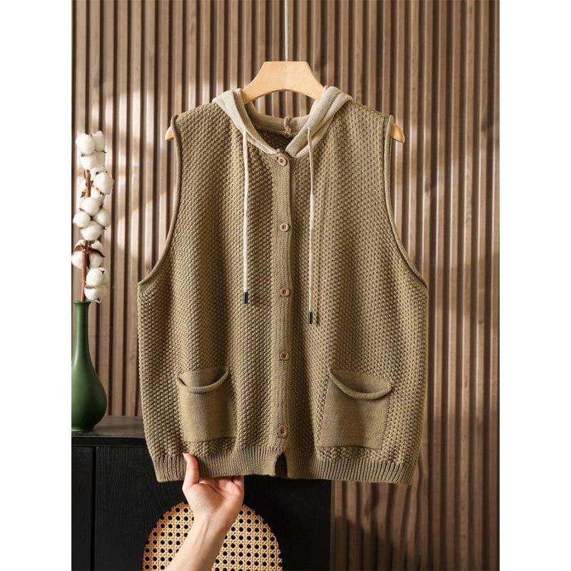 High-quality, plus-size hooded knitted cardigan vest for women, loose-fitting, sleeveless, perfect for autumn and winter