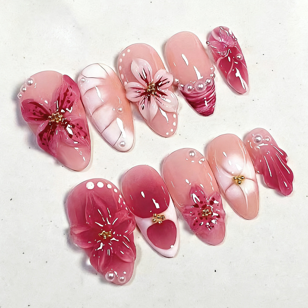 30 piezas de venta en caliente transfronteriza hecha a mano almendras desgaste de uñas estereoscópicas dulces flores de viento fresco mariposa perla goteo de pegamento de uñas