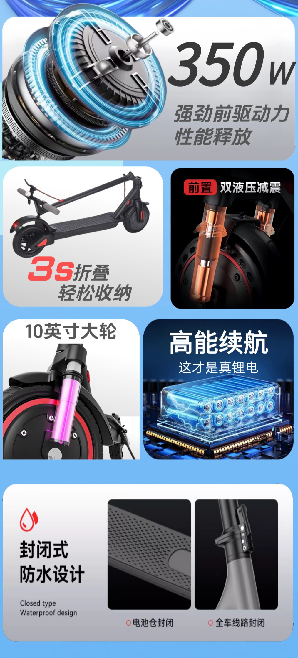 Electric Scooter 10inch Long-Range Foldable Scooter with Shock Absorption, Mobility Scooter, Electric Vehicle with Dual Shock Absorption